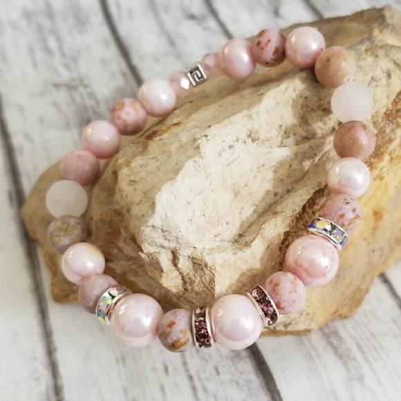 Pink crazy lace agate beaded stretch bracelet - Picture 8 of 8